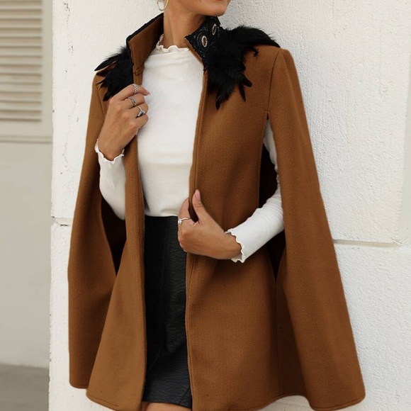 Feather Detail CAPE Coat peacoat burgundy - Picture 8 of 9